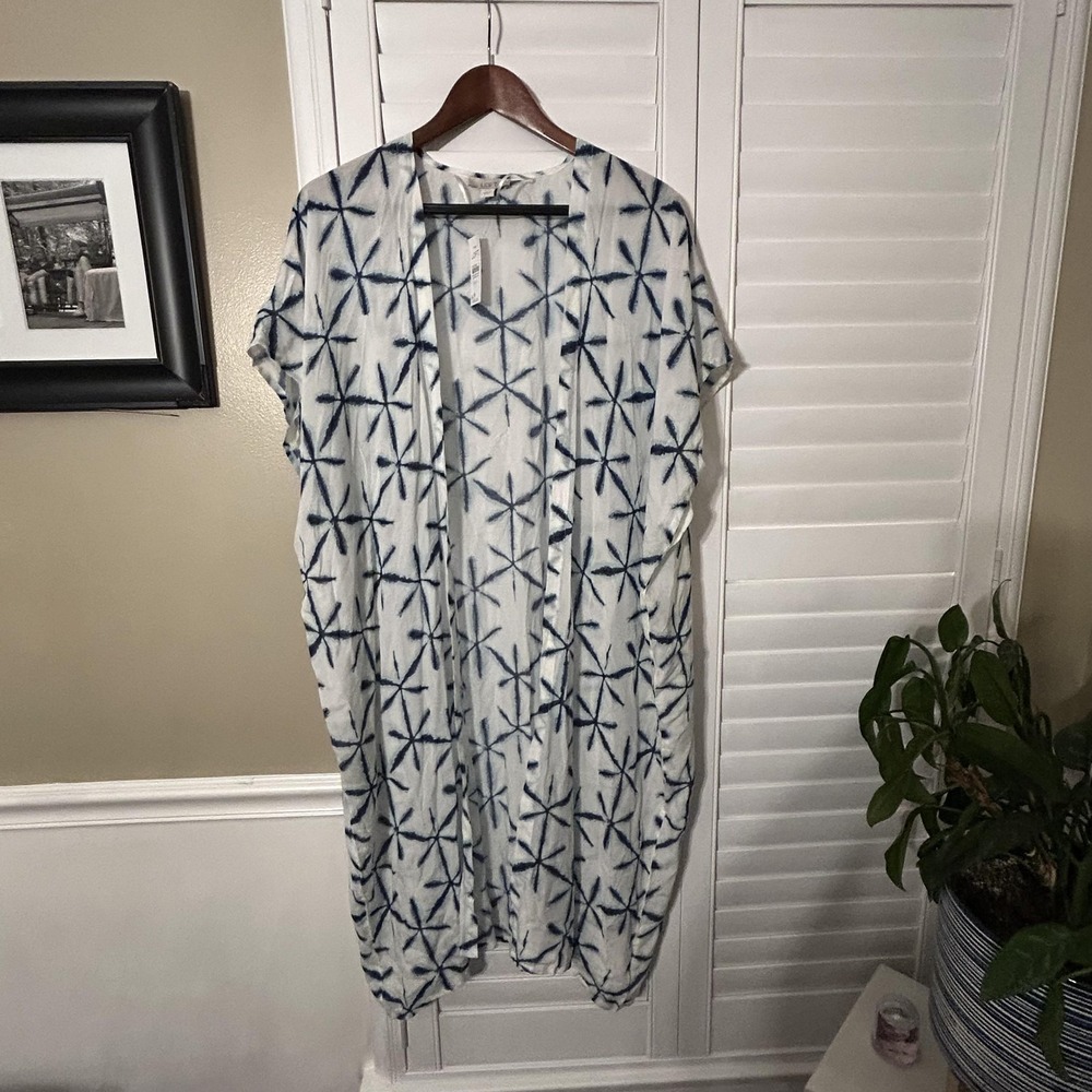LOFT Kimono Cardigan Womens XS/S White Blue Tie Dye Boho Lightweight Open Front